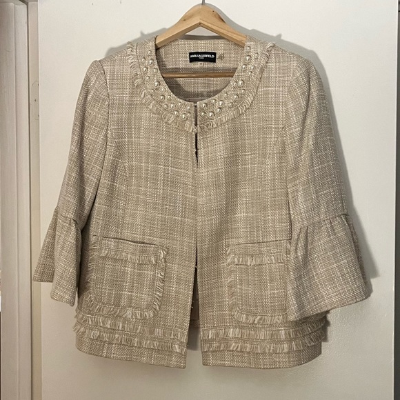 Karl Lagerfeld Size 16 Cream Beige Tweed Bracelet Sleeve Blazer Pearl Collar - Picture 6 of 6